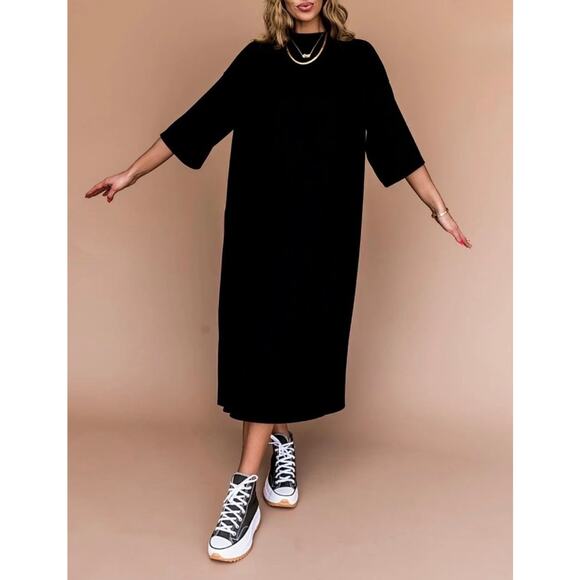 Dressed In LALA Ribbed Ozzy Midi T-shirt Dress Women's Large Black Lagenlook - Picture 1 of 7